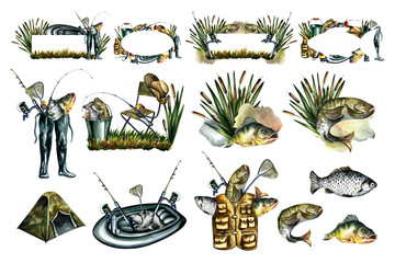 Fishing. Set of fishing compositions and frames. Isolate on white background. Watercolor hand drawn illustration. For stickers and labels, postcards, business cards and packaging, banners, t-shirts.