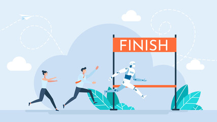 Robot outruns people. Victory of artificial intelligence in the competition with business people. Business people and robot competing run to finish line AI technology competition. Flat illustration