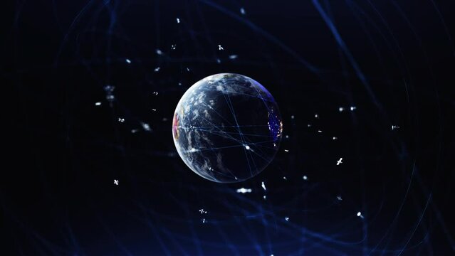 Internet connection by satellites. 3D earth digital connected network background. 3D render satellites animation.
