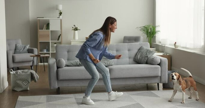 Energetic woman dancing in cozy spacious living room to rhythmic music with purebred dog, enjoy weekend, smile, celebrate vacation or moving to new apartment, independent active lady have fun at home