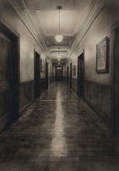Fototapeta na wymiar Long hallway with multiple doors like empty Generative AI