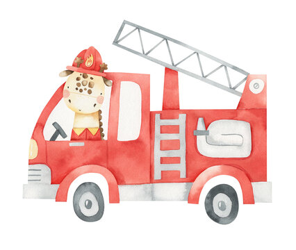 Watercolor illustration of a red fire truck and a cute giraffe firefighter behind the wheel in a fire suit on a white background. Watercolor clipart. Cute animals. Professions. Rescues. Emergency.
