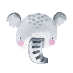 Watercolor hand-painted illustration of a cute elephant on a white background. Watercolor clipart for children. Cute animals. Elephant head. Isolated.