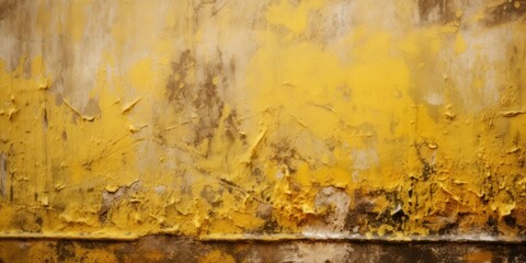 Toned painted old concrete wall with plaster. yellow, brown and sepia vintage texture background with space for design. Close up. Rough brush strokes. Grungy, grainy, uneven surface. Empty
