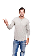 Promo, happy and man pointing at deal or space with hand gesture isolated in a transparent png background. Smile, announcement and portrait of male person in France with finger sign showing promotion