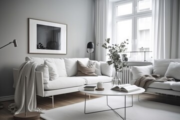 Minimalist Scandinavian style contemporary white sofa, white living room with soft lighting. Generative Ai