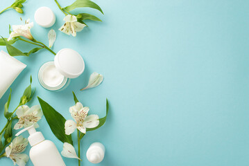 Natural skincare concept. Top view flat lay of mock up cream bottles, jars, serum, pipette with...