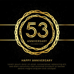 53 years anniversary with a golden number, golden glitters, and a golden circle rope on a black background. Circle a gold hexagon with glitter.