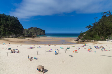 Fototapeta premium Sunny beach with people on the sand and in the sea