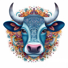 Colorful floral cow mandala art on a white background. Created with Generative AI technology.	