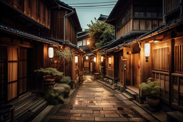 Fototapeta na wymiar A Kyoto Street with Traditional Wooden Houses and Lanterns by Night - generative AI