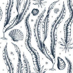 Hand-drawn Kombu background. Laminaria botanical illustration in sketch style. Edible seaweed seamless pattern. Sea life drawings. For menu design, textile, wrapping paper, print © sketched-graphics
