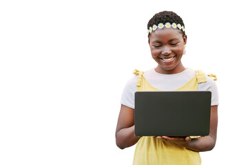 Black woman, typing and reading on laptop for fashion blog, social network or post by transparent png background. Isolated girl, smile and computer for learning, spring aesthetic or studying on web