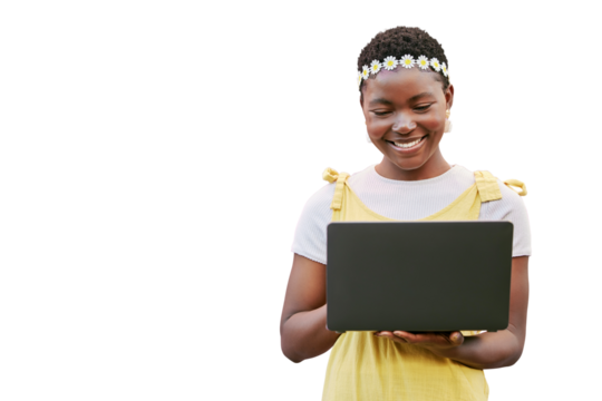 Black woman, typing and reading on laptop for fashion blog, social network or post by transparent png background. Isolated girl, smile and computer for learning, spring aesthetic or studying on web