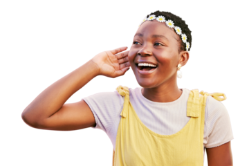 Listen, attention and black woman hearing a sound or gossip isolated on a transparent png background. Happy, girl or African hippie with hand on ear listening to news, secret or communication