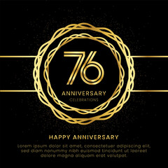 76 years anniversary with a golden number, golden glitters, and a golden circle rope on a black background. Circle a gold hexagon with glitter.