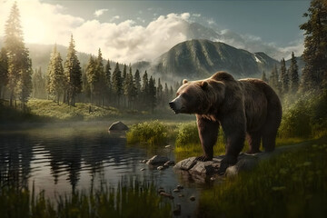 Naklejka na ściany i meble Grizzly bear in the wild. Neural network AI generated art
