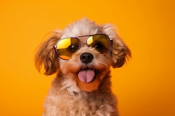 Maltipoo stick out tongue with sunglasses on colorful background. generative ai