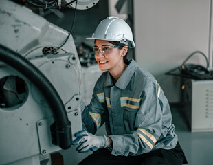 Skilled robotic technician spots the light on robotic components to do protective and corrective maintenance. Inspecting complex mechanical systems. Repairing and troubleshooting to resolve issues.
