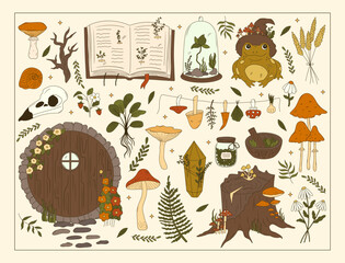 Set of cute hand drawn goblincore illustrations. Green witch aesthetic. Mushrooms, fern, herbs, toad, stump, skull elements for fairy witchcraft design. Cartoon herbology vector art