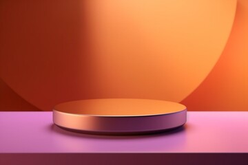 round plate podium purple on soft orange background, product display pedestal, empty copy space, placement isolated focus, generative ai
