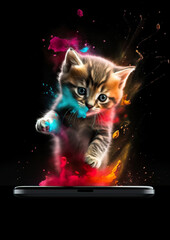 The mischief of a very cute kitten meets modern technology and a lively burst of energy. AI generated illustration.