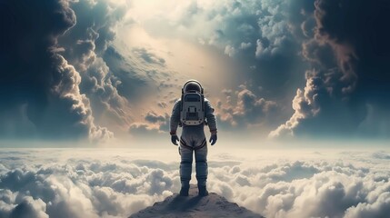 Fototapeta na wymiar Astronaut on the peak of unknown planet view above the clouds. Ai generative