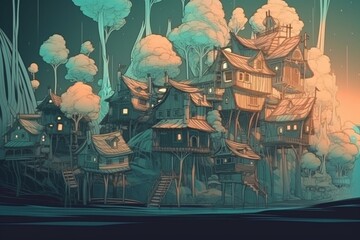 Fantasy houses in forest, fairytale surreal village in trunks of trees, generative AI