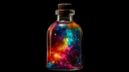 Microcosmic Marvel: A Universe in a Bottle on a Black Stage. Ai generative