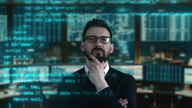 Software online network developer is working with pc. Senior coder programming. Soft and blockchain app coding. IT programmer working on desktop computer