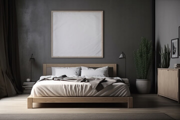 Natural bedroom interior with a rustic mockup poster on the wall, adding a touch of nature to the space. AI Generative.