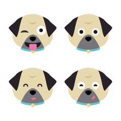 Vector set of pug head in different emotions, pug head icon isolated on white background