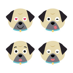 Vector set of pug head in different emotions, pug head icon isolated on white background