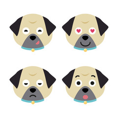 Vector set of pug head in different emotions, pug head icon isolated on white background