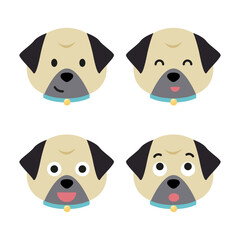Vector set of pug head in different emotions, pug head icon isolated on white background