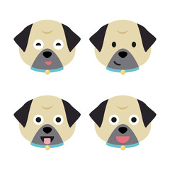 Obraz premium Vector set of pug head in different emotions, pug head icon isolated on white background