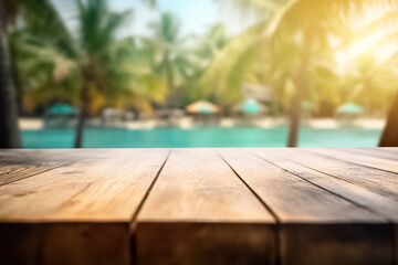 Obraz na płótnie Canvas Empty wooden table on on sunny blurred tropical pool background. Empty ready for your product display montage. summer vacation background concept. generative ai