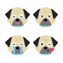 Vector set of pug head in different emotions, pug head icon isolated on white background