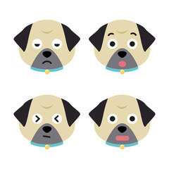 Vector set of pug head in different emotions, pug head icon isolated on white background