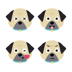 Vector set of pug head in different emotions, pug head icon isolated on white background