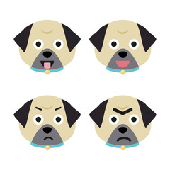 Vector set of pug head in different emotions, pug head icon isolated on white background