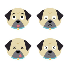 Vector set of pug head in different emotions, pug head icon isolated on white background