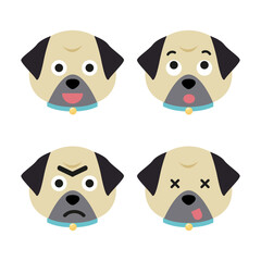 Vector set of pug head in different emotions, pug head icon isolated on white background