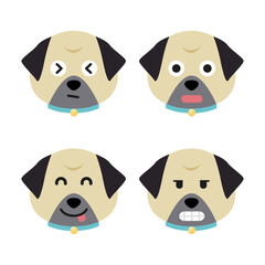 Vector set of pug head in different emotions, pug head icon isolated on white background