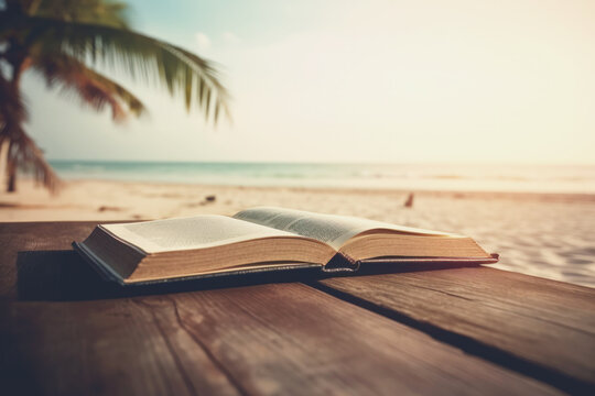 Empty Wooden table with a open book on beach at summer time blurred background. Generative AI.