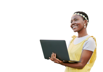 Black woman, student and smile with laptop for fashion blog, social network or post by transparent png background. Isolated girl, thinking and computer for learning, spring aesthetic or study on web