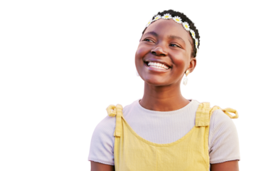 Black woman, happy and thinking of spring with a smile isolated on a transparent png background. African model, happiness and floral clothes with an idea, laughing and glow for goals and cosmetics