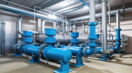 Large industrial boiler room and water treatment facility, blue pumps, shiny stainless metal pipes, and valves. Generative AI
