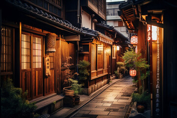 Fototapeta premium A Kyoto Street with Traditional Wooden Houses and Lanterns by Night - generative AI