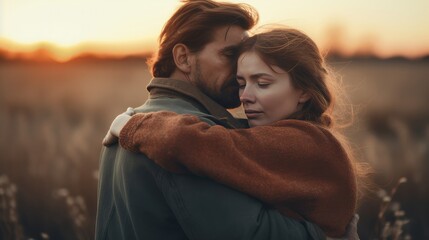 Fototapeta premium middle aged couple in love hugging during the golden hour sunset, Generative AI